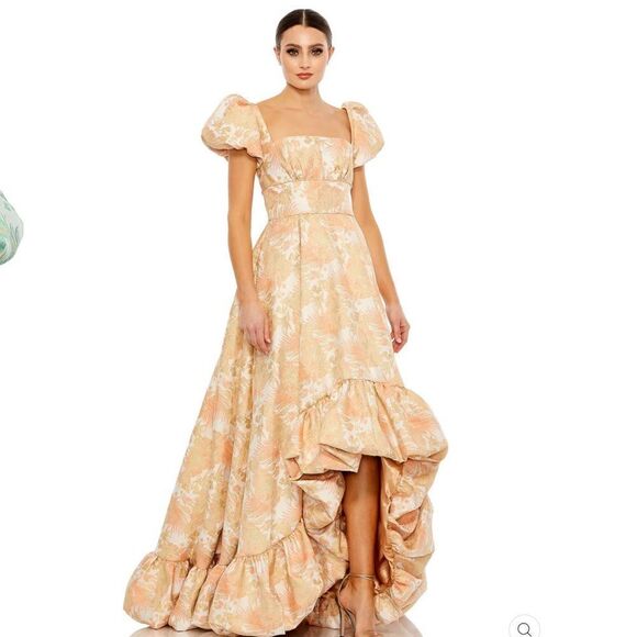 Mac Duggal 68276  Womens FLORAL PRINT PUFF SLEEVE HIGH LOW BROCADE GOWN - Picture 3 of 13